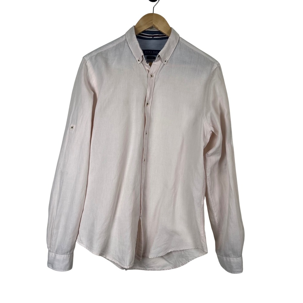 Zara‎ Man Slim Fit Linen Cotton Blend Button Down Shirt Pale Pink Mens Medium